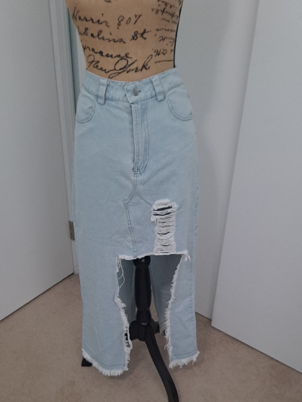 Light Blue Distressed Denim Maxi Skirt - Casual High-Waist